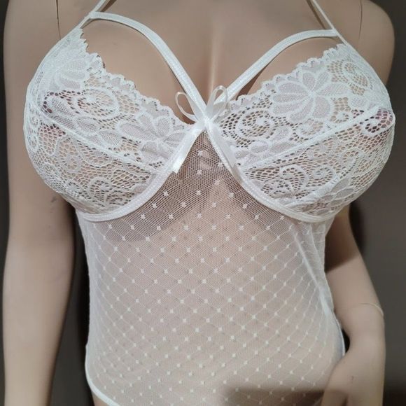 White Lace Sheer Mesh Teddy Bodysuit Lingerie - Picture 3 of 7